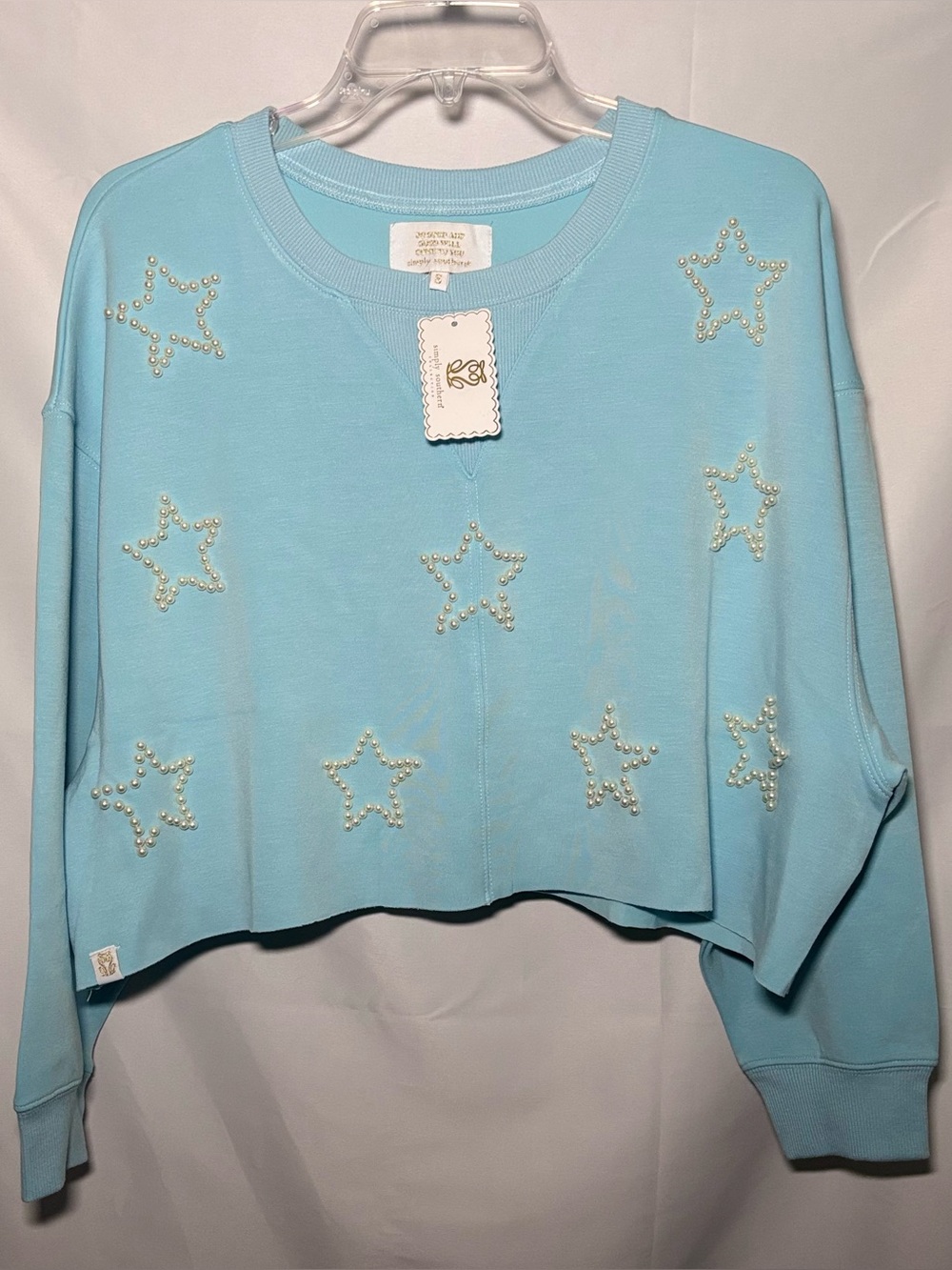 Simply Southern Classic Piper Pearl Stars Pullover Cropped Iced Blue Sweatshirt